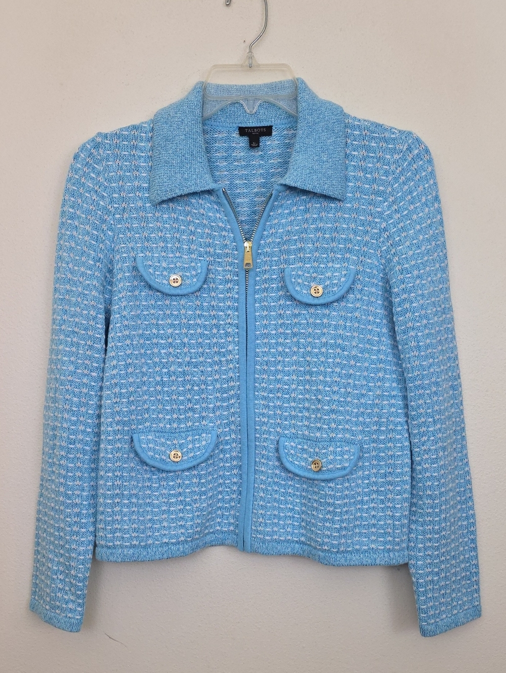 Talbots Blue Variegated Sparkle & White Knit Cardigan Petite S